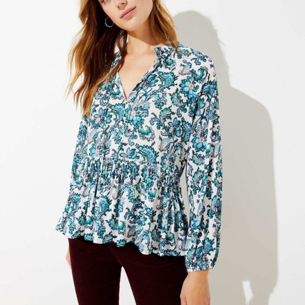 NWOT | Loft medium paisley peplum floral blouse with split neck